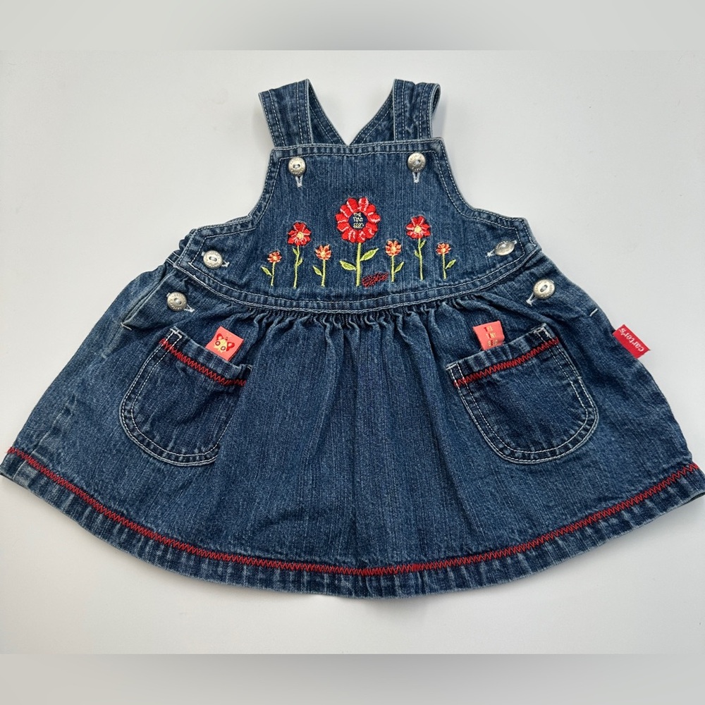 Vintage Carter's Denim Jumper Dress Embroidered With Flowers Size 0-3 Months